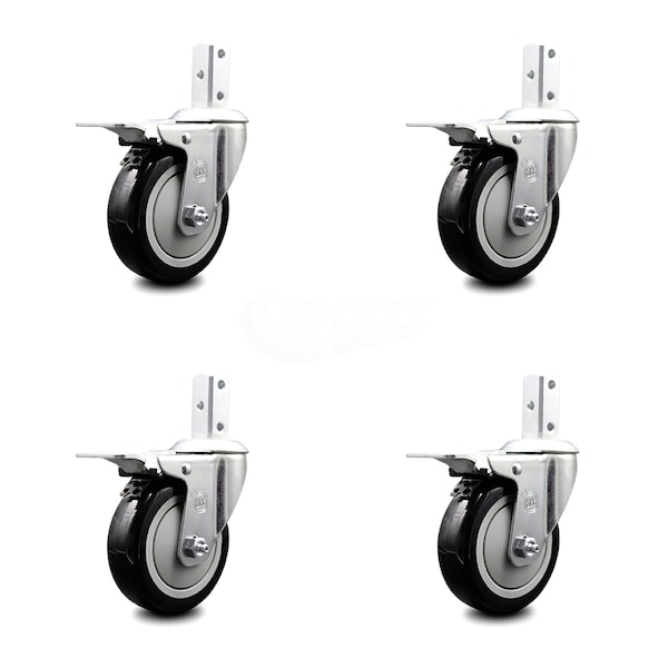 4 Inch Black Poly Wheel Swivel 7/8 Inch Square Stem Caster Set Total Lock Brake